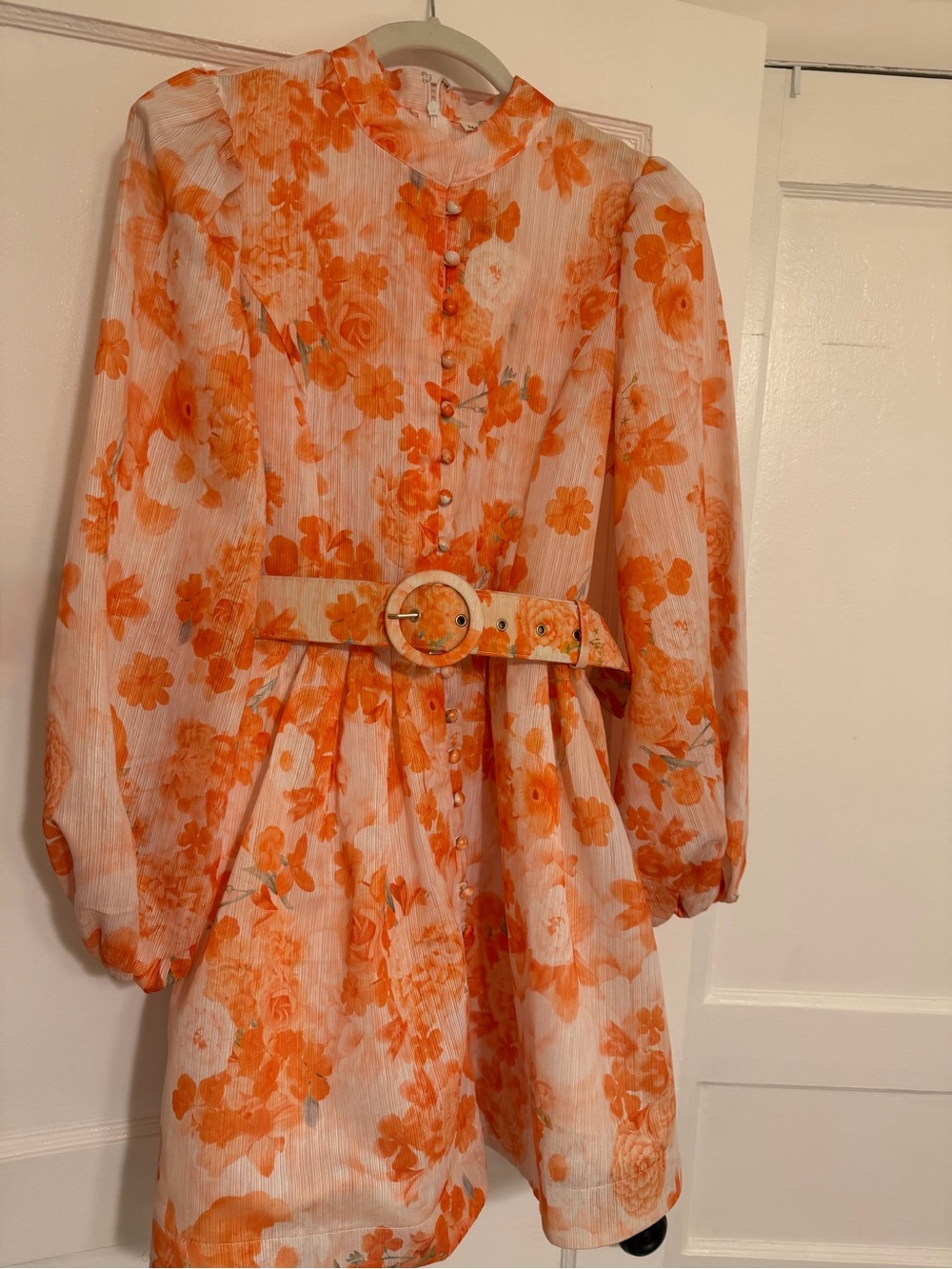 Orange Floral Button-Front Mini Dress with Belt